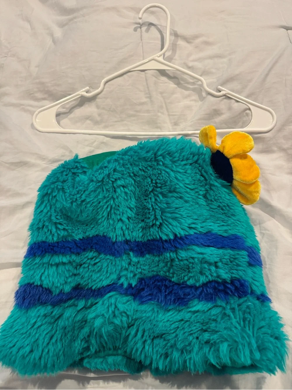 Costume Teal & Blue Fuzzy Faux Fur Hat with Yellow Flower - adjustable